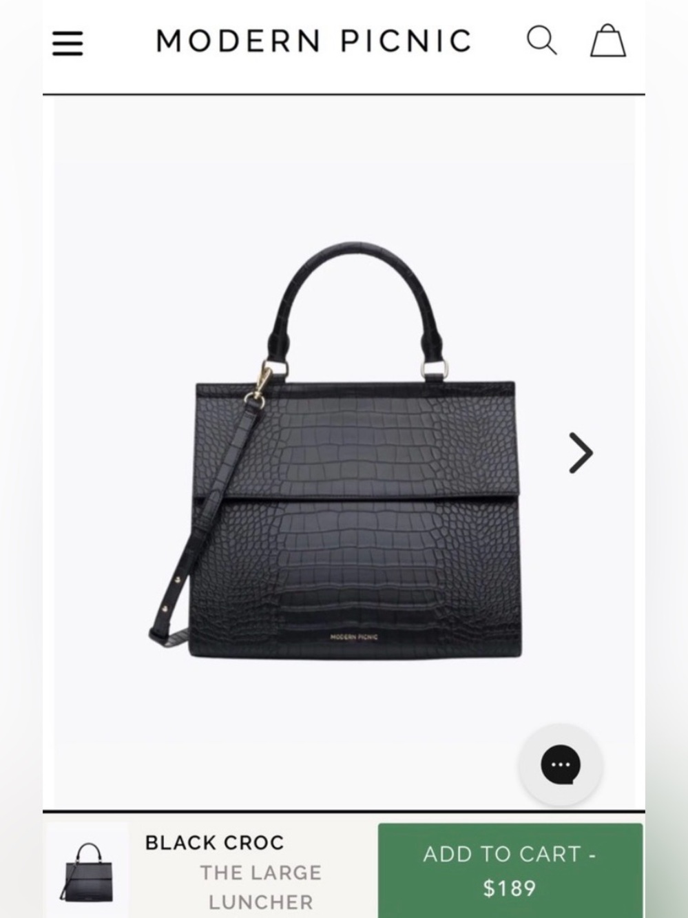 NWT Modern Picnic Large Luncher Black Croc Vegan Leather Lunch Bag